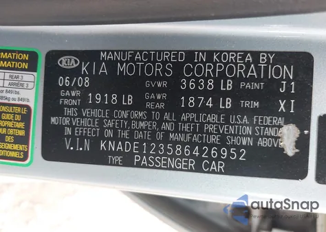 2008 Kia Rio Lx из США, поврежденный, VIN KNADE123586426952